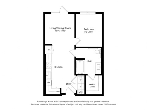 Floor plan for 1 bed, 1 bath, 630 sqft